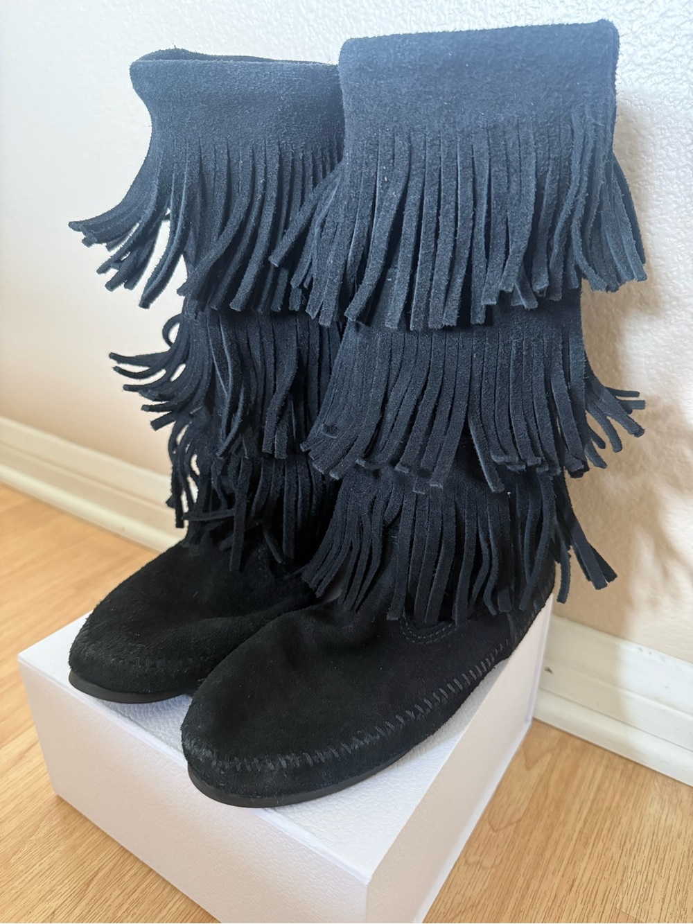 Minnetonka Black Suede Fringe Boots
